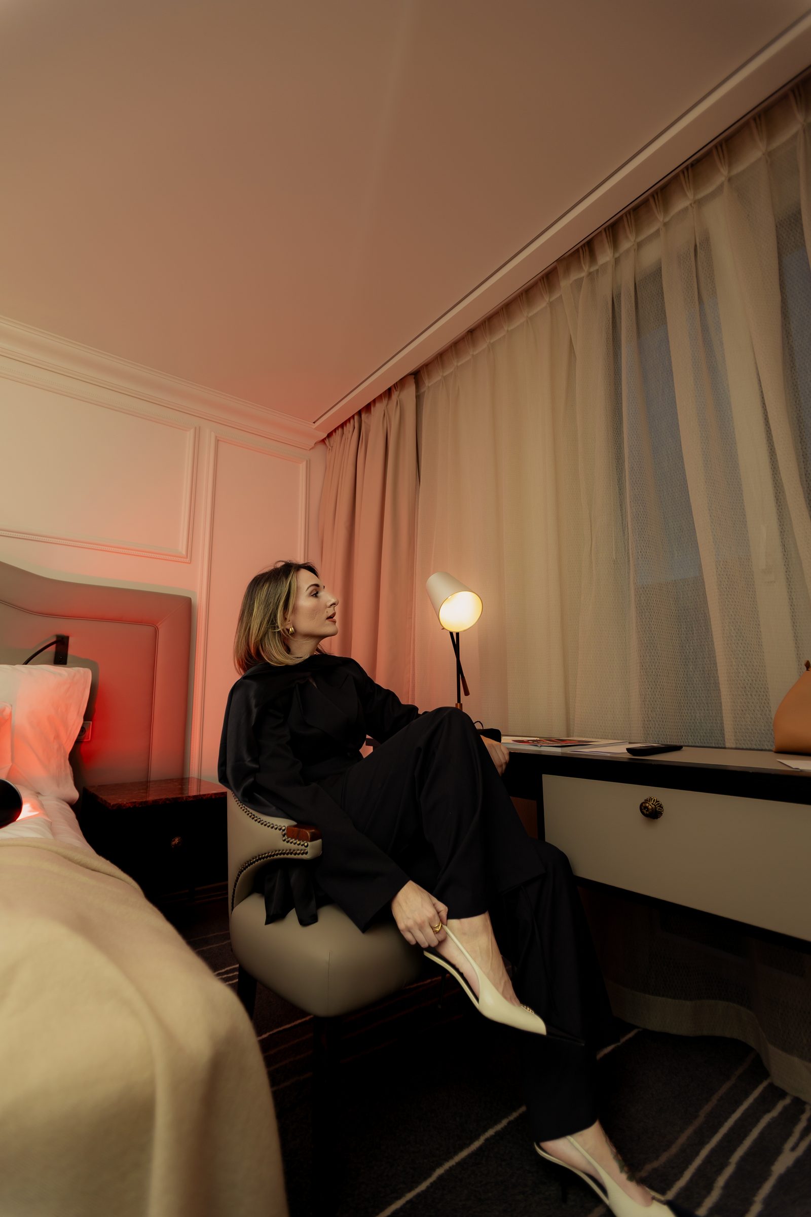 Sara red light bedroom chair heels editorial