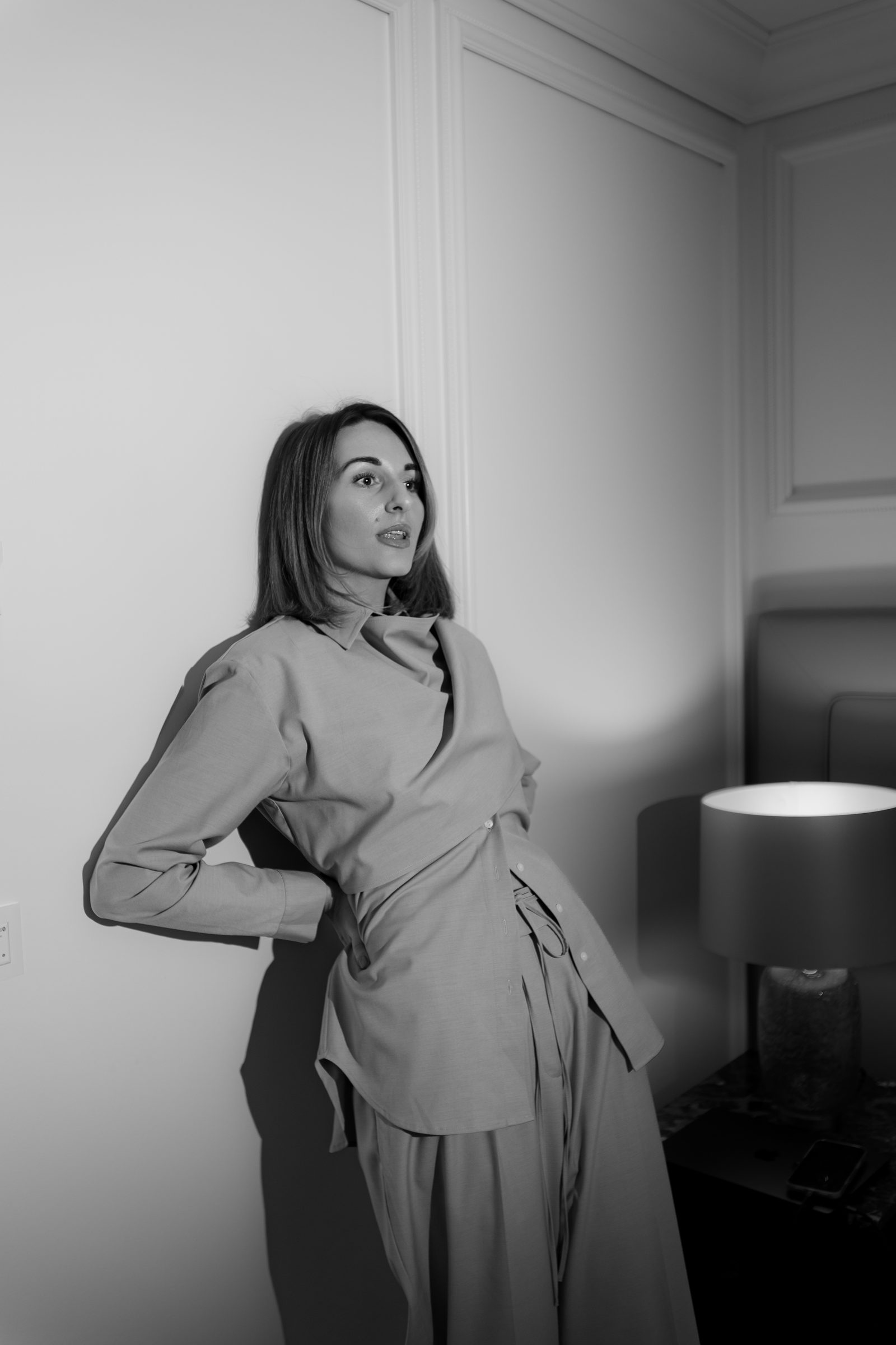Sara portrait black and white hotel room editorial