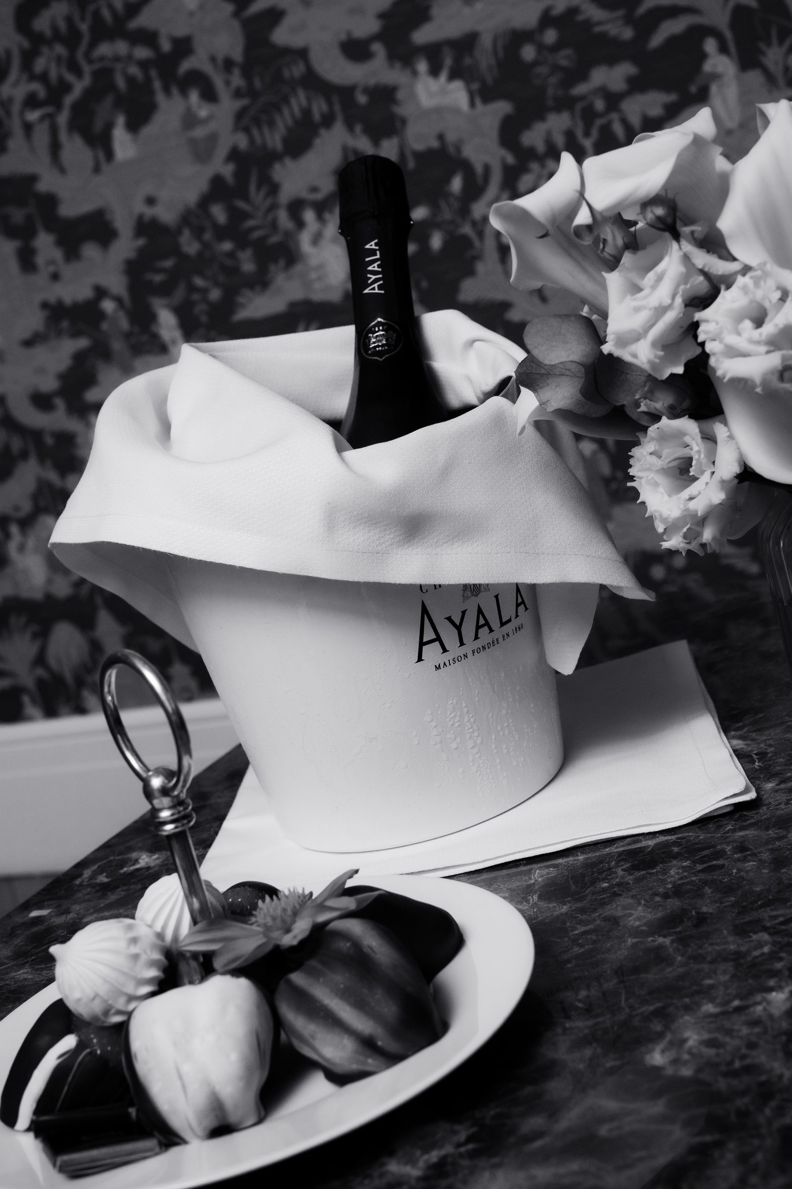 Wedding ayala champagne flatlay detail bw